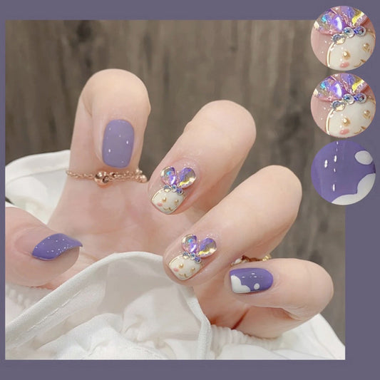 Elegant Lavender Short Squoval Press On Nails with Rhinestone Accents and Glitter Detail