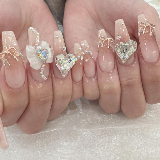 Dreamy Romance Long Coffin Blush Pink Press On Nail Set with Heart and Bow Embellishments