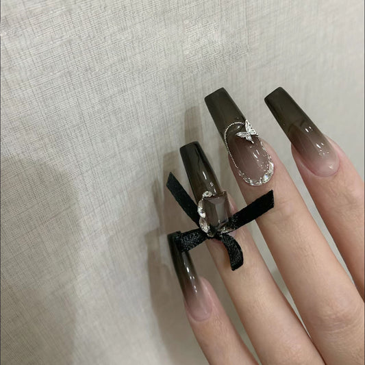Gothic Elegance Long Coffin Press On Nail Set Ombre Brown with Gemstone and Bow Design