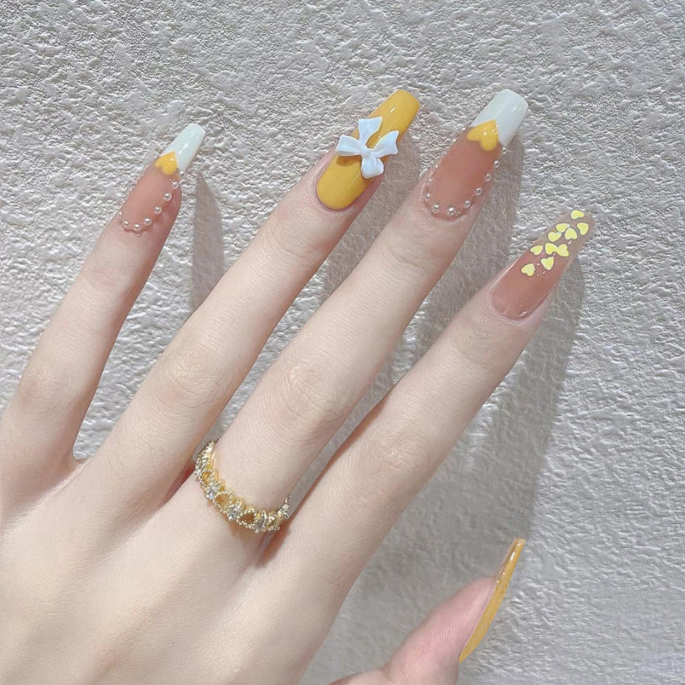 Tropical Elegance Long Coffin Mustard Yellow and White Press On Nail Set with Floral Accents and Rhinestones