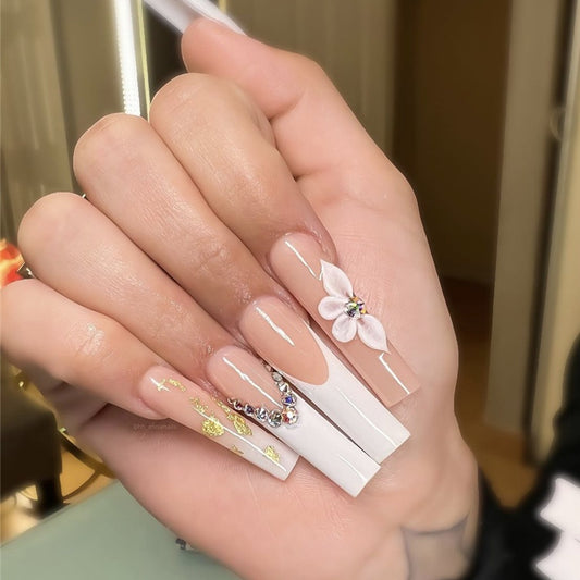 Spring Blossom Extra Long Square Beige Press On Nail Set with Floral Embellishments and Rhinestone Accents