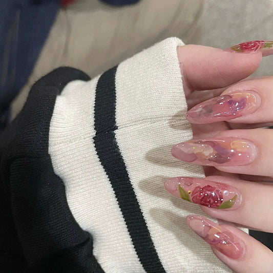 Enchanted Garden Long Almond Transparent Press On Nails with Floral Embellishments and Glitter Accents