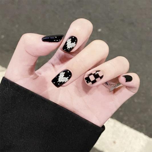Midnight Chic Medium Square Black Press On Nails with Silver Glitter Accents