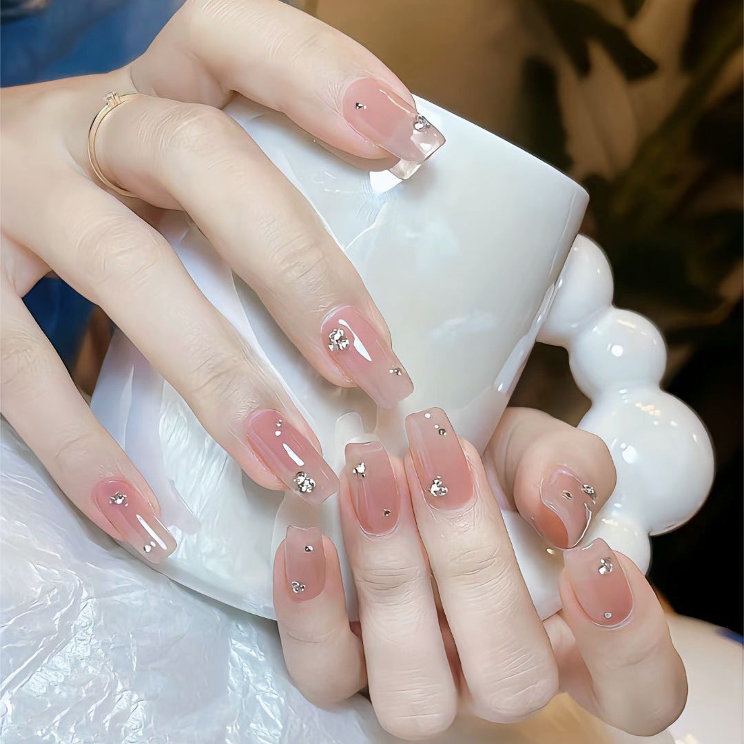 Blushing Elegance Long Square Pink Press On Nail Set with Glittering Gems