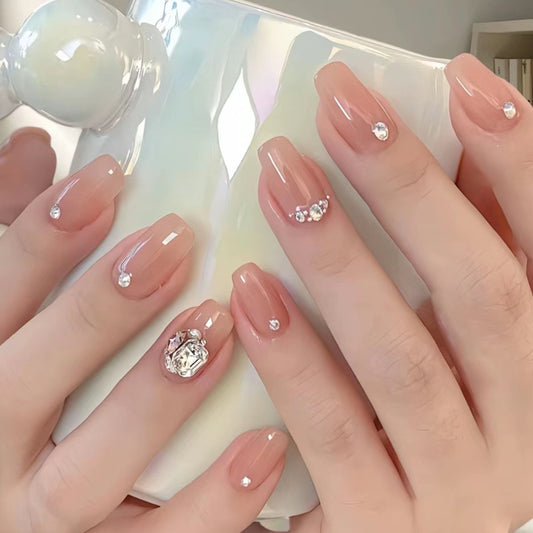 Glamorous Chic Medium Coffin Pink Press On Nail Set with Crystal Accents 24