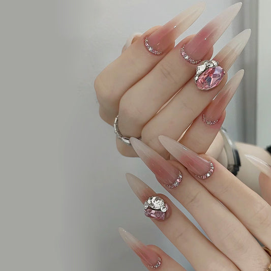 Glamorous Dreamy Ombre Extra Long Stiletto Pink Press On Nail Set with Gemstone Accents