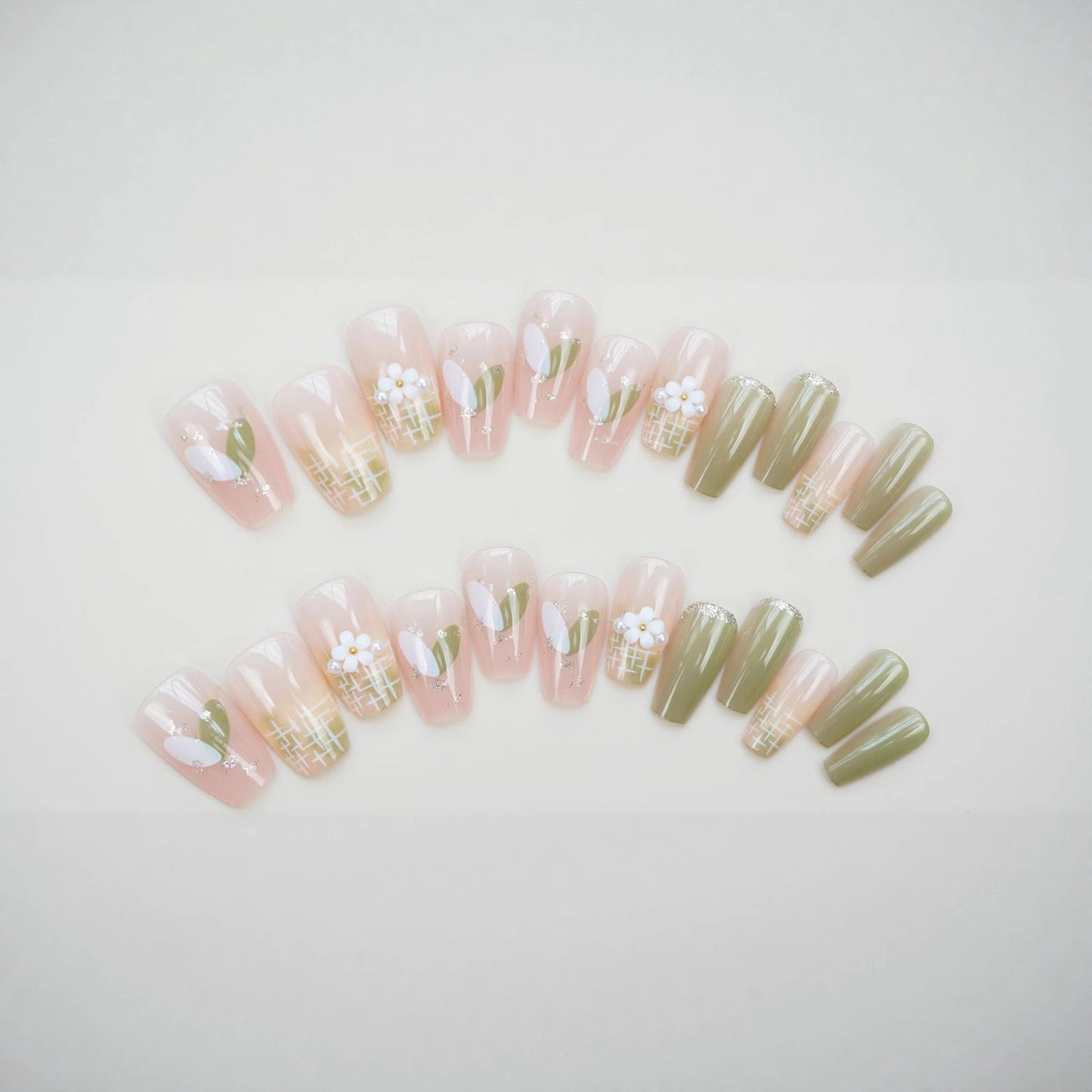 Botanical Bliss Medium Coffin Soft Pink and Olive Green Floral Press On Nail Set with Elegant Grid Design