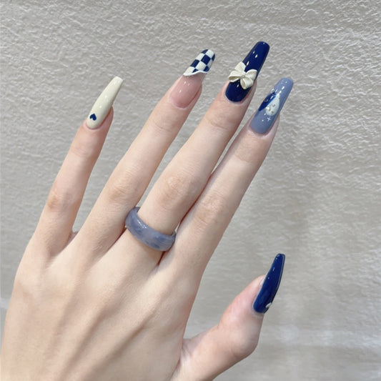 Vintage Charm Long Coffin Blue and White Press On Nail Set with Checkered and Floral Accents