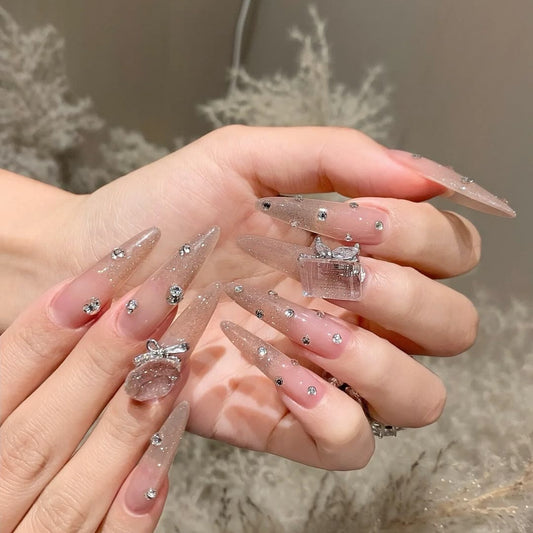 Glamorous Dreams Stiletto Press On Long Nail Set in Sparkling Beige with Gemstone Accents and Decorative 3D Charms