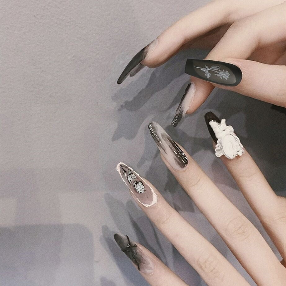 Enchanted Garden Extra Long Coffin Matte Black Press On Nail Set with Floral Accents and 3D Embellishments