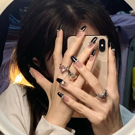 Midnight Glamour Long Coffin Black Press On Nail Set with Silver Accents and Rhinestones