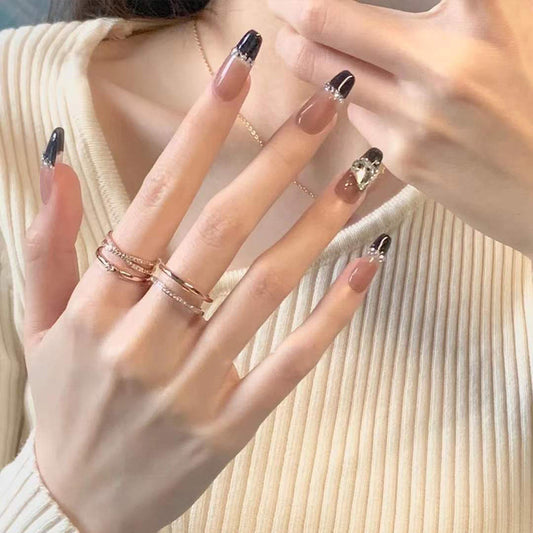 Glamorous Evening Long Coffin Beige and Black Press On Nails with Sparkling Accents