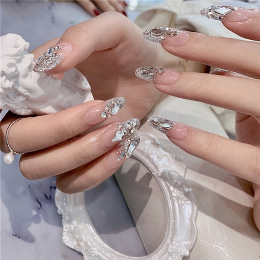 Elegant Bridal Extra Long Almond Shaped Clear Press On Nails with Rhinestone Accents