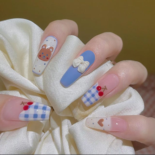 Teddy Bear Picnic Long Coffin Multicolor Press On Nail Set with 3D Bow Accents and Gingham Patterns