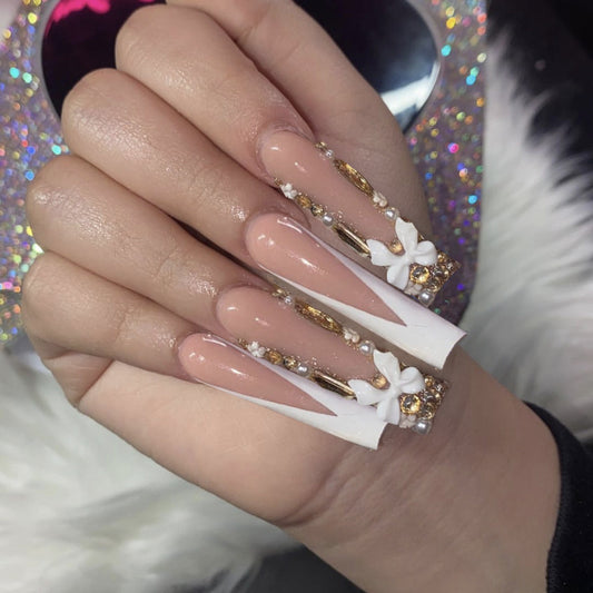 Glamorous Floral Elegance Square Press On Long Nail Set in White with Gold Accents and Embellished Design