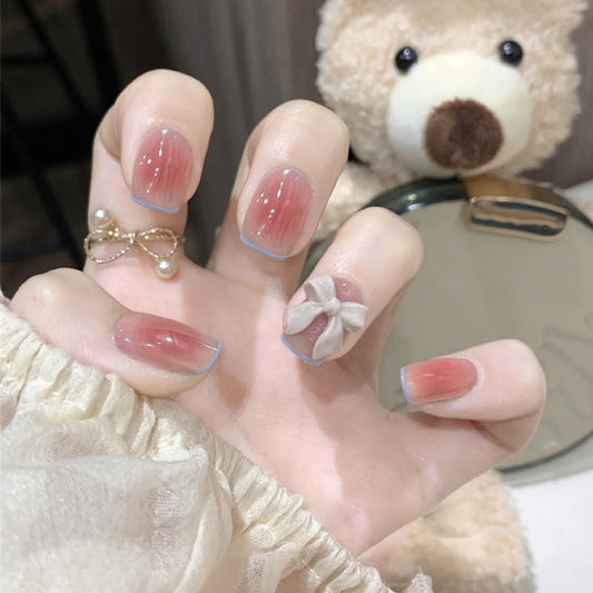 Enchanted Elegance Medium Length Square Shape Pink and Blue Ombre Press On Nail Set with 3D Bow Accent