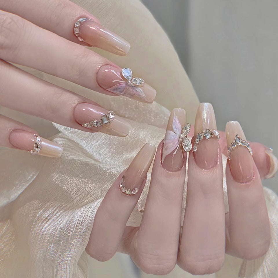 Butterfly Dreams Long Coffin Ombre Beige Press On Nail Set with Gemstone Accents