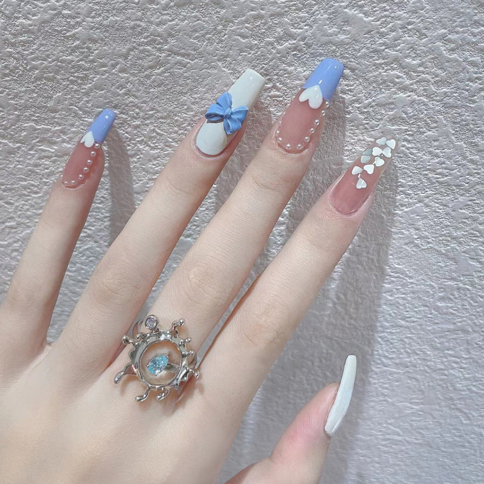 Enchanted Springtime Long Coffin Pastel Blue and White Press On Nail Set with Bow Accents and Pearl Details