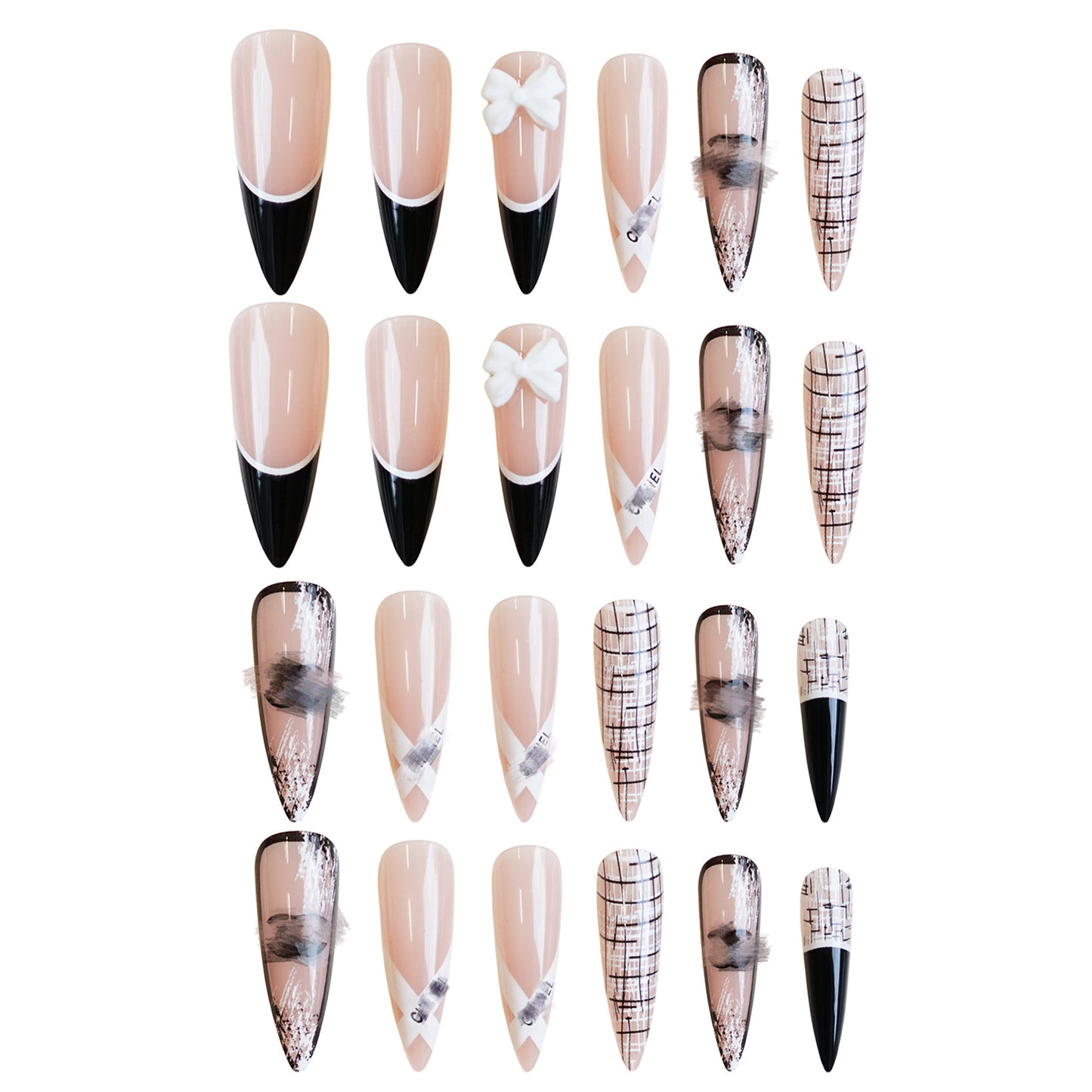 Chic Elegance Extra Long Almond Shaped Black and Beige Glossy Press On Nail Set with Decorative Bow and Artistic Accents