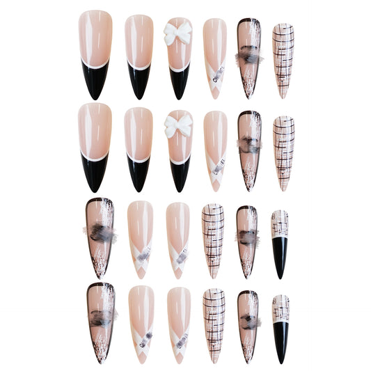 Chic Elegance Extra Long Almond Shaped Black and Beige Glossy Press On Nail Set with Decorative Bow and Artistic Accents