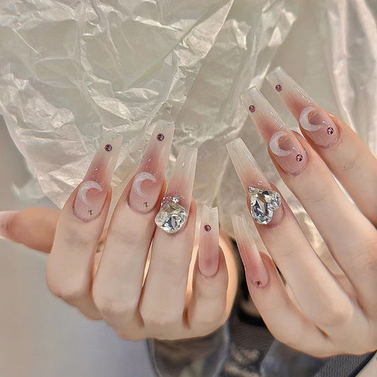 Celestial Glamour Extra Long Coffin Clear Pink Ombre Press On Nail Set with Moon and Gemstone Accents