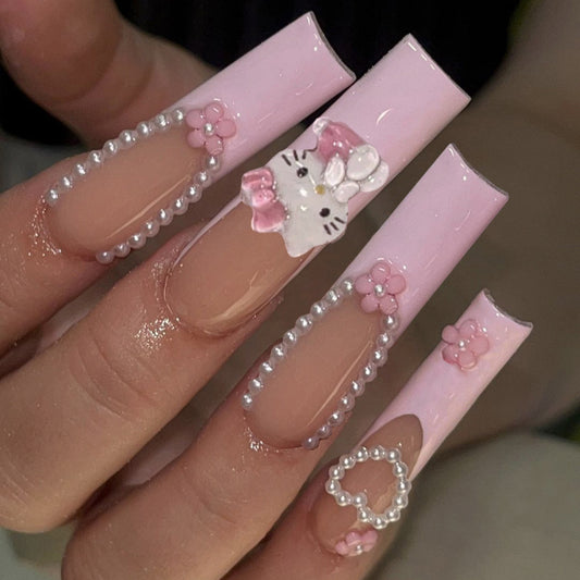 Sweet Bunny Theme Long Square Pink Press On Nail Set With Rhinestones And Cute Character Decoration