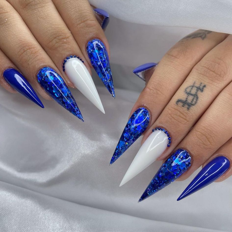 Cosmic Blue Lengthy Stiletto Press On Long Nails with Glittering Accents and Unique Ombre Design
