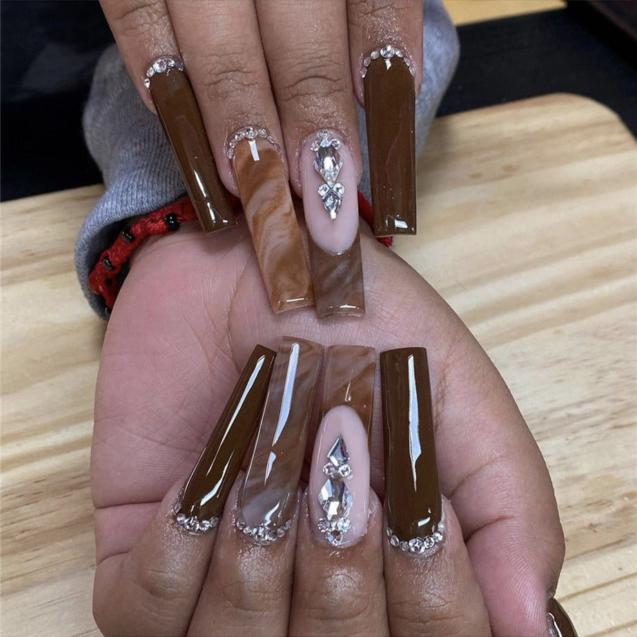 Elegant Gala Long Coffin Brown Glitter Accented Press-On Nail Set with Crystal Embellishments