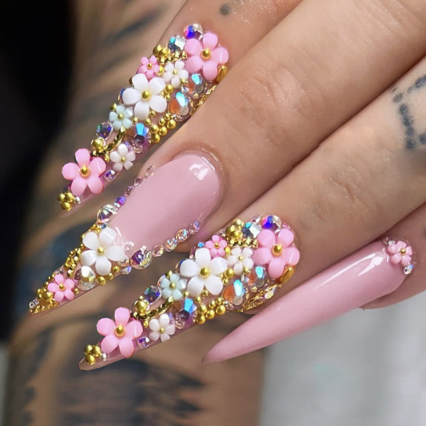 Floral Garden Long Stiletto Pink Press On Nail Set with 3D Flower Embellishments and Glitter Accents
