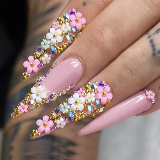 Floral Garden Long Stiletto Pink Press On Nail Set with 3D Flower Embellishments and Glitter Accents