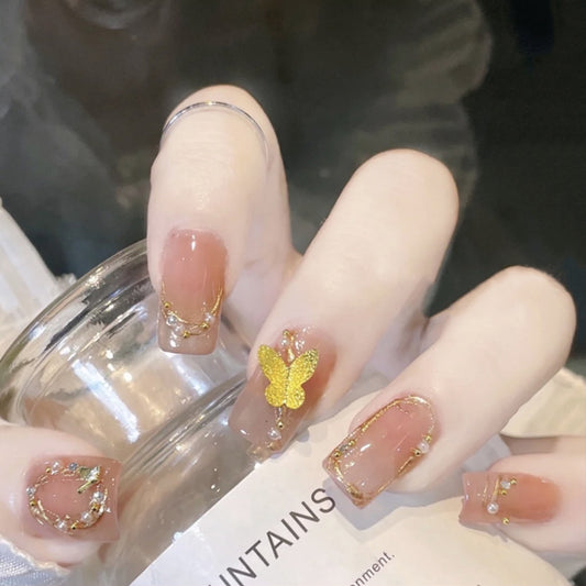 Butterfly Kisses Medium Length Square Beige Press On Nail Set with Gold Sparkle Accents