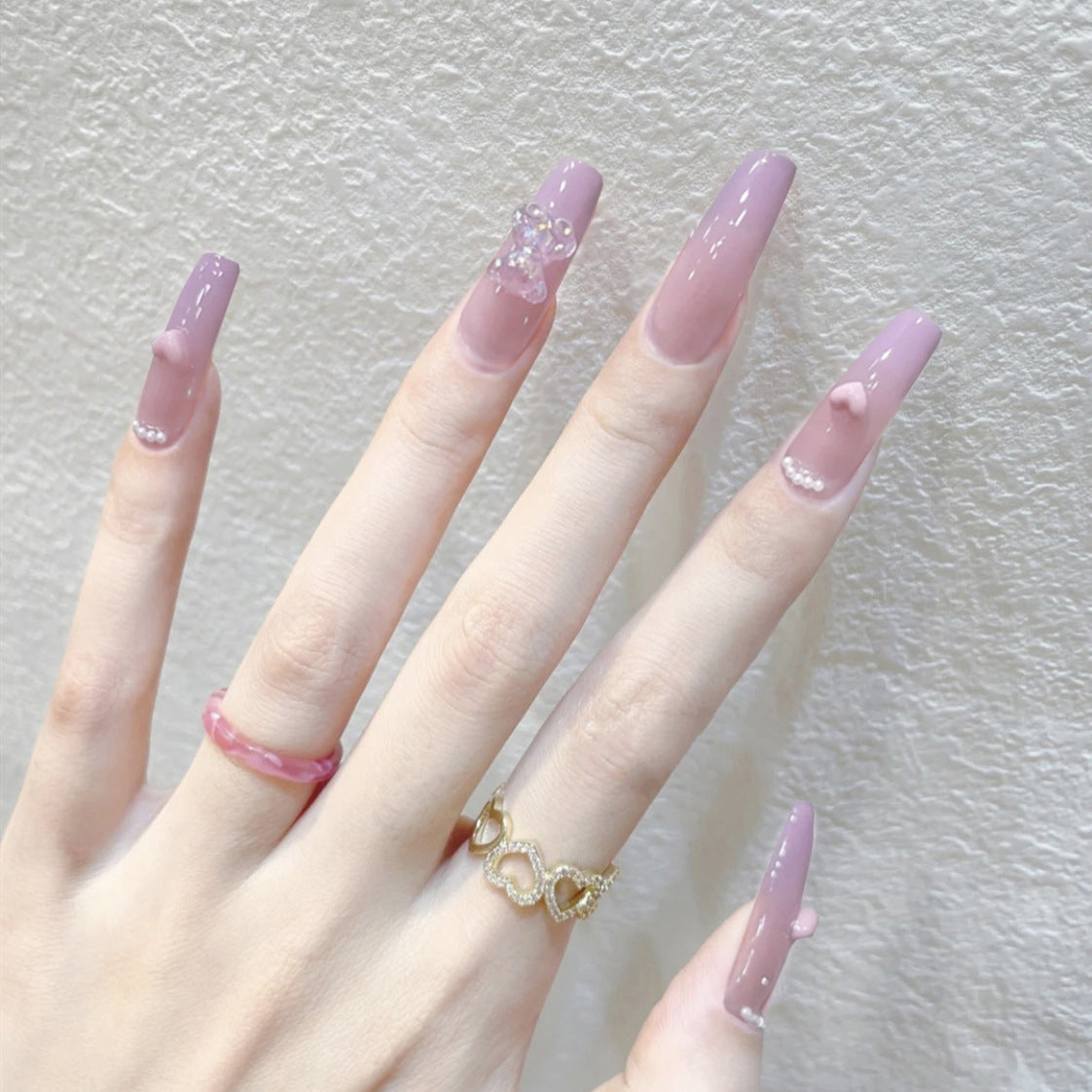 Elegant Lavender Long Coffin Press-On Nails with Rhinestone Accents and Sheer Finish