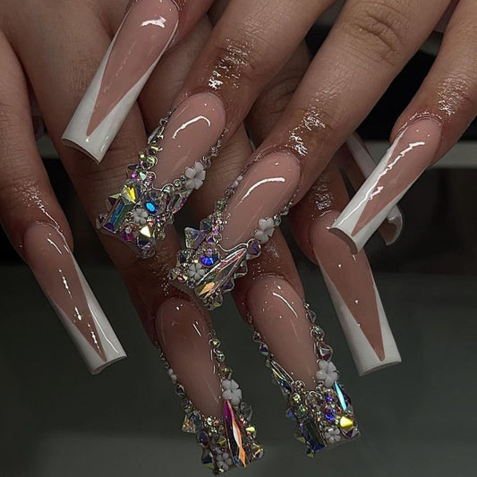 Glamorous Crystal Elegance Long Coffin Beige and White Press On Nail Set with Rhinestones and Floral Accents