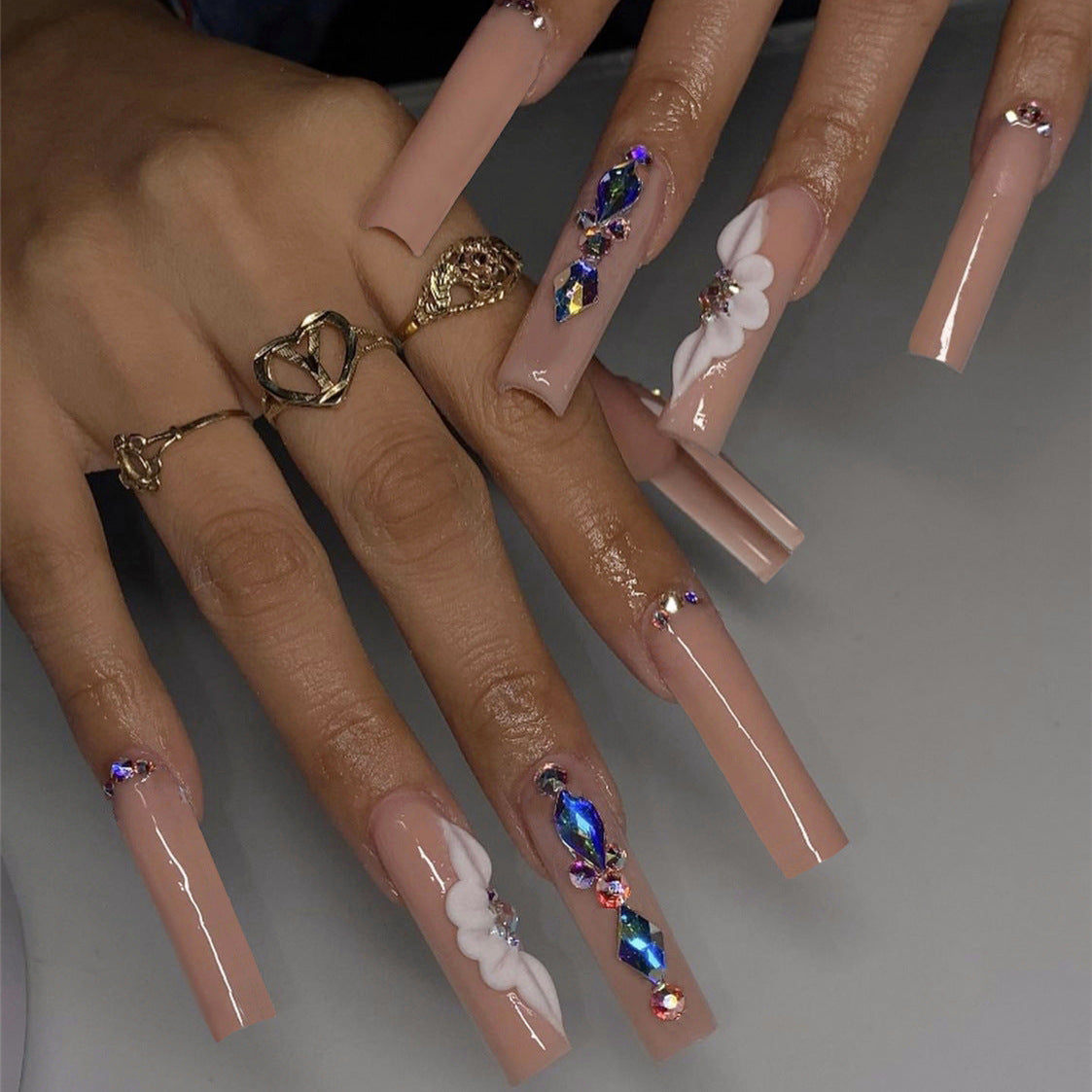 Enchanted Elegance Extra-Long Coffin Beige Press On Nail Set with 3D Flower and Gemstone Accents