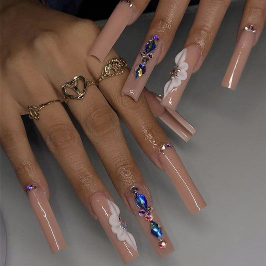 Enchanted Elegance Extra-Long Coffin Beige Press On Nail Set with 3D Flower and Gemstone Accents