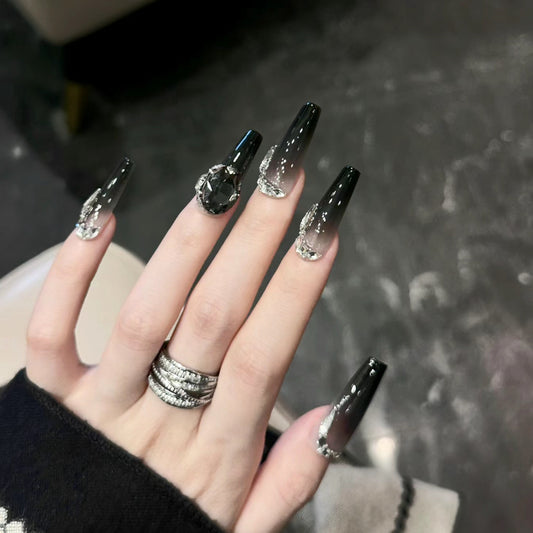 Glamorous Night Style Extra Long Coffin Shaped Black Ombre Press On Nails with Sparkling Rhinestones