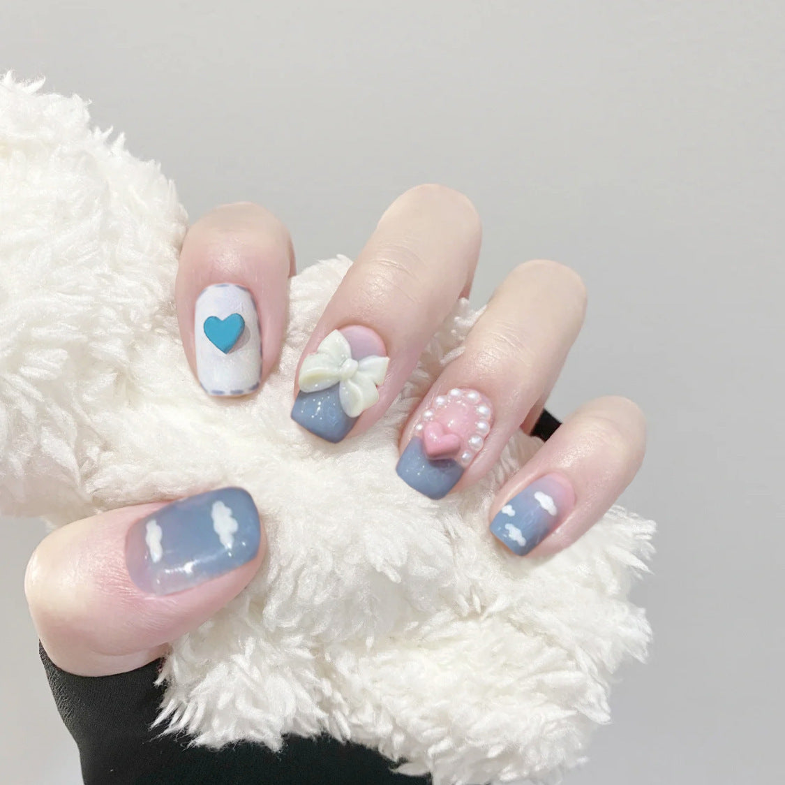 Dreamy Sky Theme Medium-Length Square Press On Nails in Gradient Blue with 3D Embellishments and Pearlescent Accents