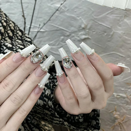 Elegant Bridal Long Coffin White Press On Nail Set with Rhinestone Accents
