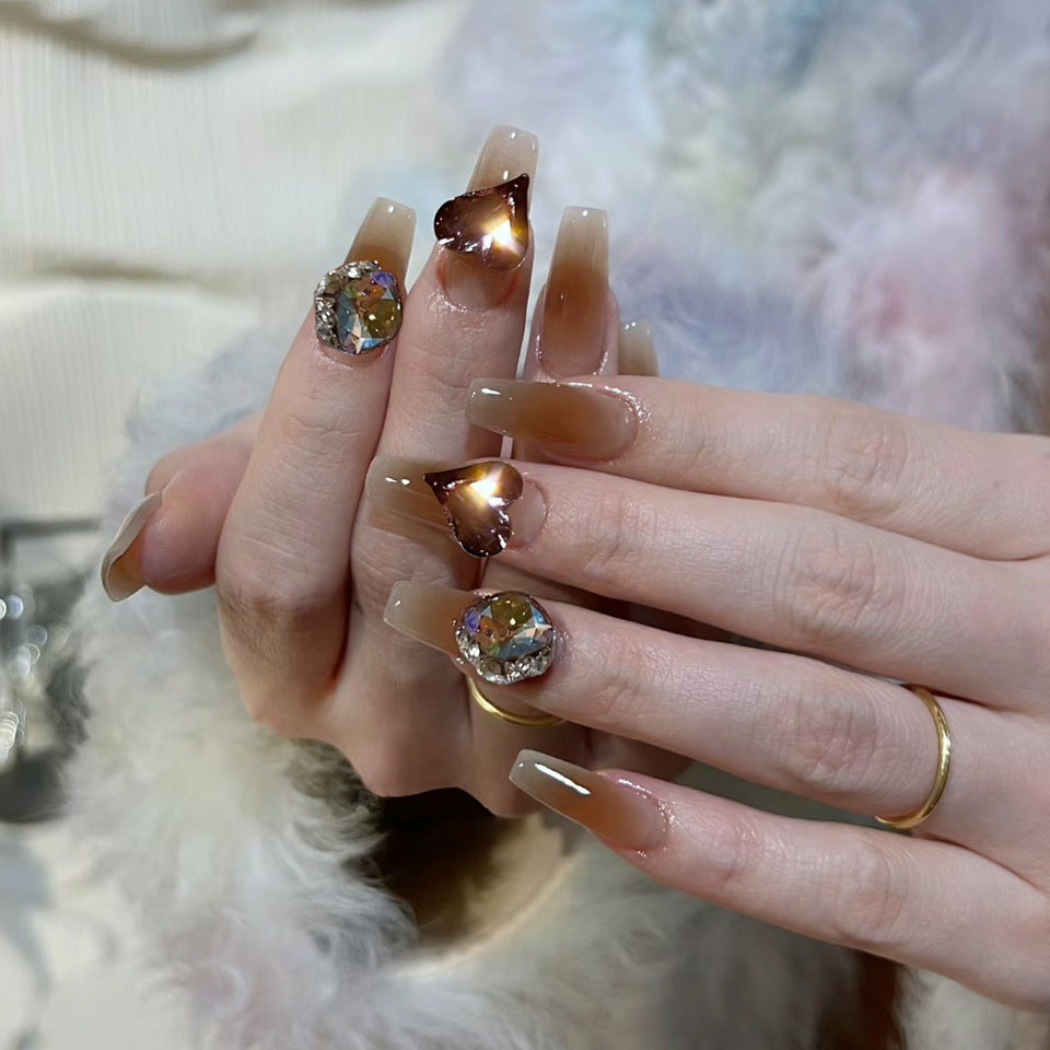 Glamorous Heartfelt Elegance Long Coffin Ombre Press On Nail Set with Stunning Gemstone Accents