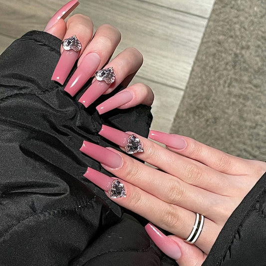 Glamourous Rose Coffin Press on Long Nail Set in Blush Pink with Heart Shaped Rhinestone Accents