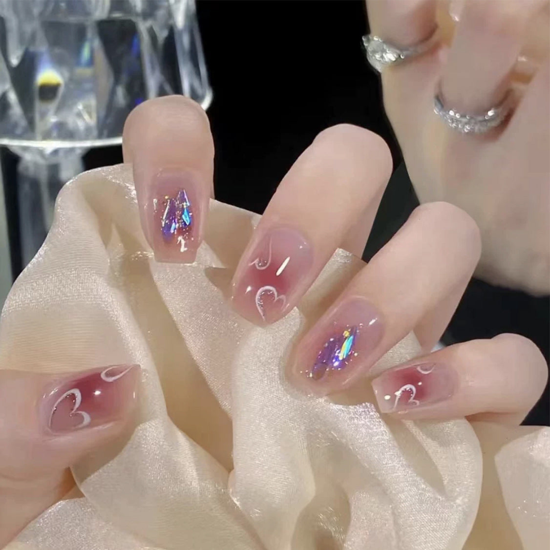 Enchanted Romance Medium Square Lilac Press On Nails with Holographic Accents and Heart Designs