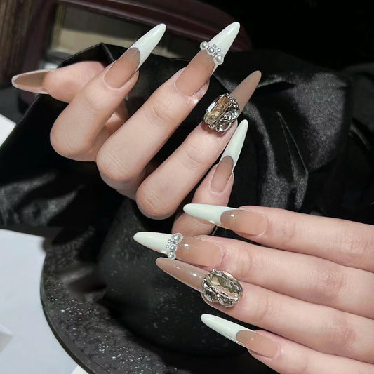 Glamorous Mermaid Inspired Long Stiletto Press On Nail Set in White and Beige with Elegant Crystal Accents