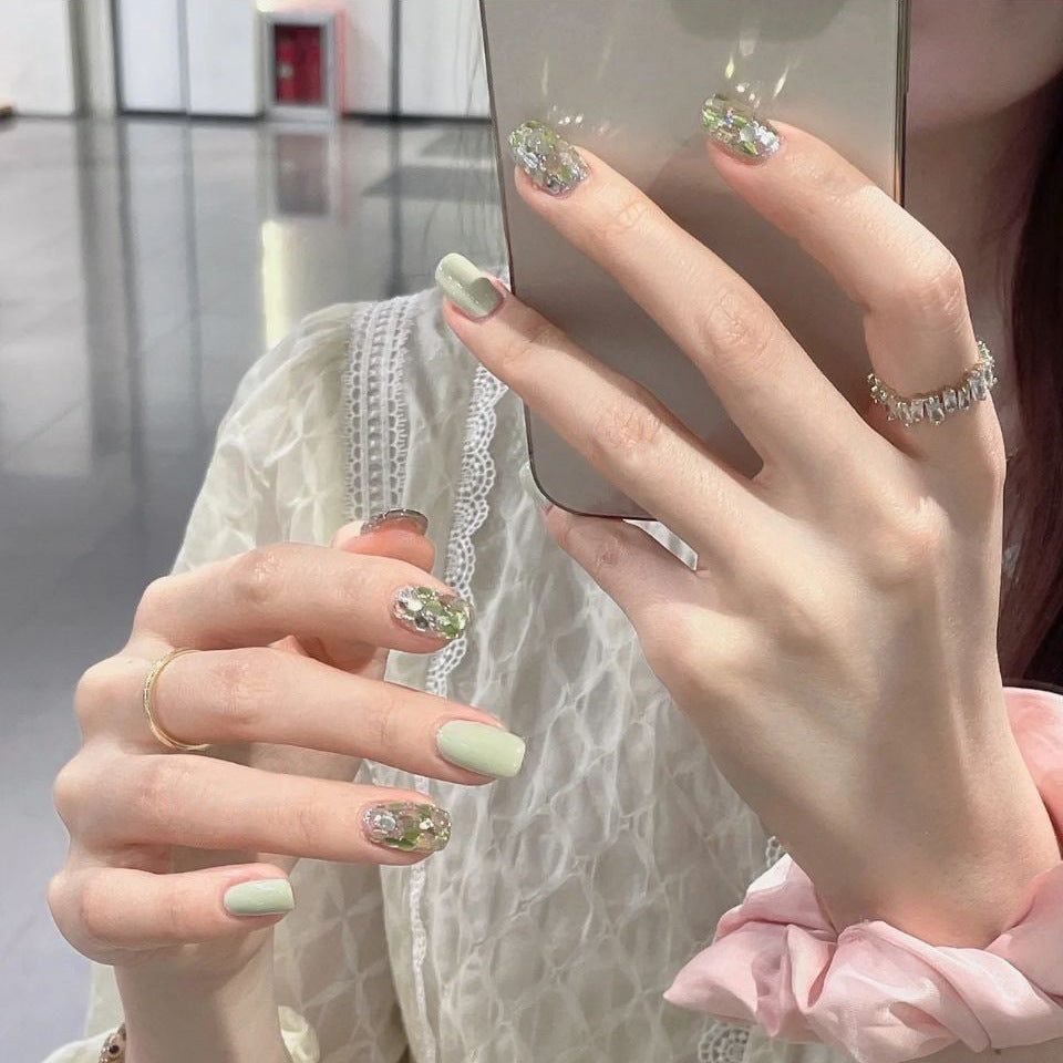 Enchanted Garden Medium-Length Coffin-Shaped Pastel Green Press On Nails with Sparkling Foil Accents