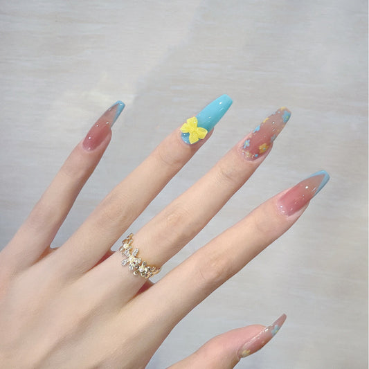 Spring Blossom Collection: Long Coffin Multicolor Ombre Press-On Nails with Floral Embellishments