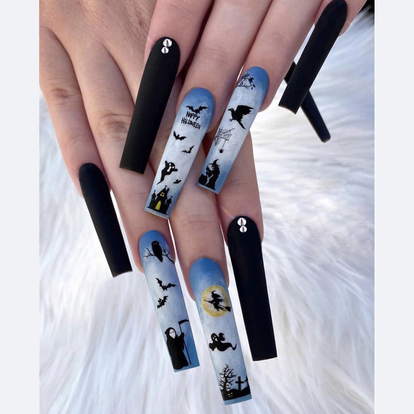 Spooky Elegance Extra Long Coffin Press On Nail Set in Black and Blue with Halloween Themed Artwork