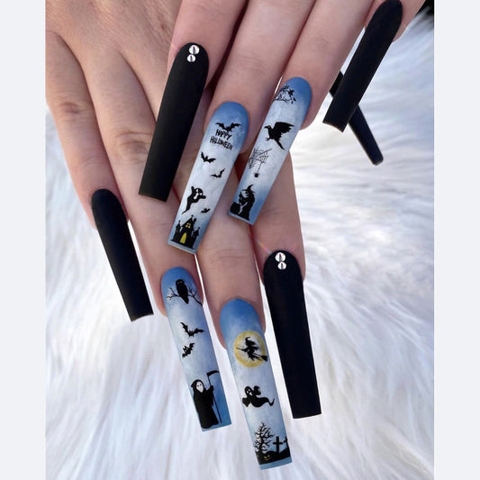 Spooky Elegance Extra Long Coffin Press On Nail Set in Black and Blue with Halloween Themed Artwork