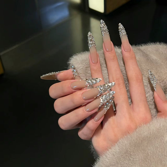 Glamorous Crystal Fantasy Long Stiletto Beige Press On Nail Set with Sparkling Rhinestone Tips