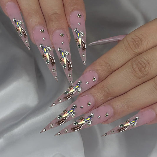 Glamorous Fairy Tale Long Stiletto Glossy Pink Press On Nail Set with Rhinestone Accents