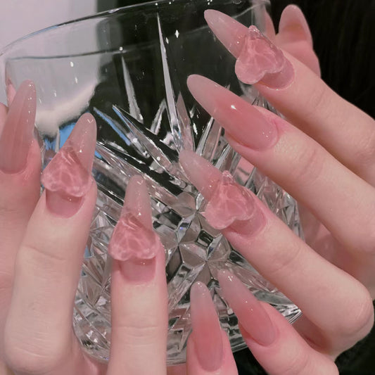 Elegant Blossom Long Almond Press On Nails Pink Ombre with 3D Butterfly Accent