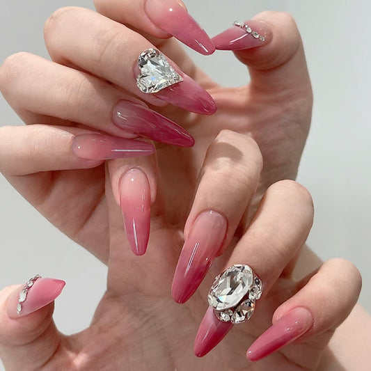 Chic Romance Stiletto Ombre Pink Press On Long Nail Set with Gemstone Embellishments